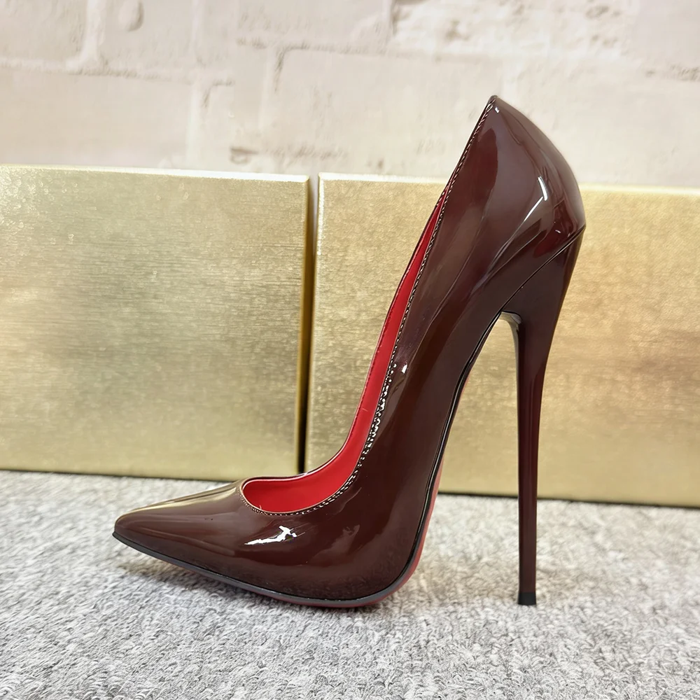 14cm/16cm Extra High Heels Woman Coffee Patent Leather Red Insole Pointed Toe Pumps for Pole Dance Runway Cosplay Party,Catwalk