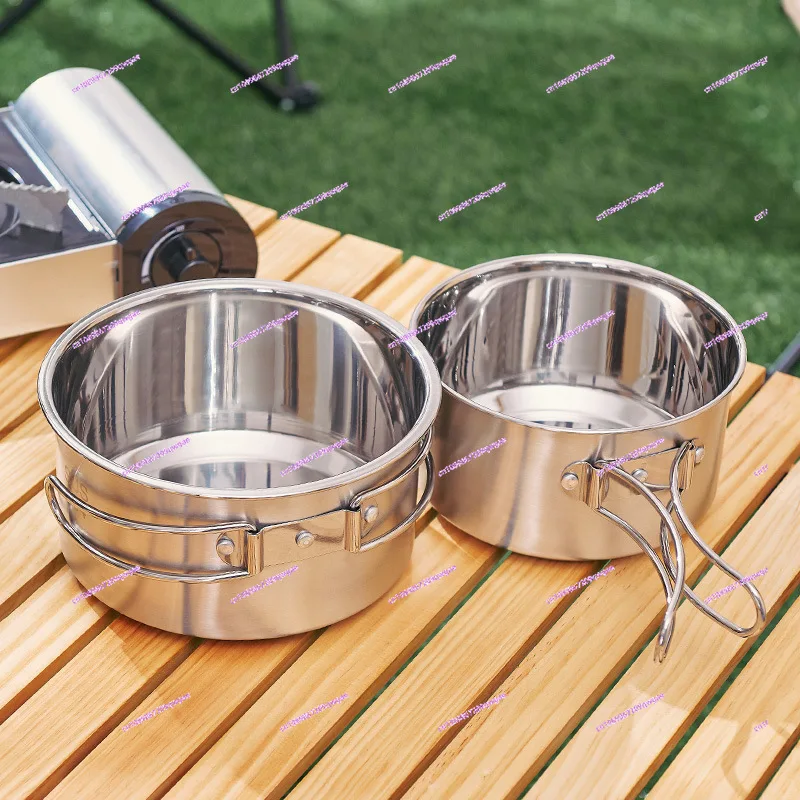 Outdoor Camping 304 Stainless Steel Set Collapsible Handle Wok Cooker Camping  Pot Hanging