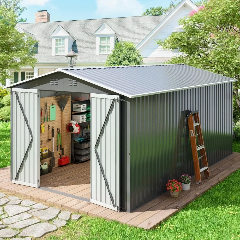 10x12 FT Outdoor Storage Shed, Large Metal Tool Sheds with Updated Frame Structure and Lockable Doors, Garden Shed