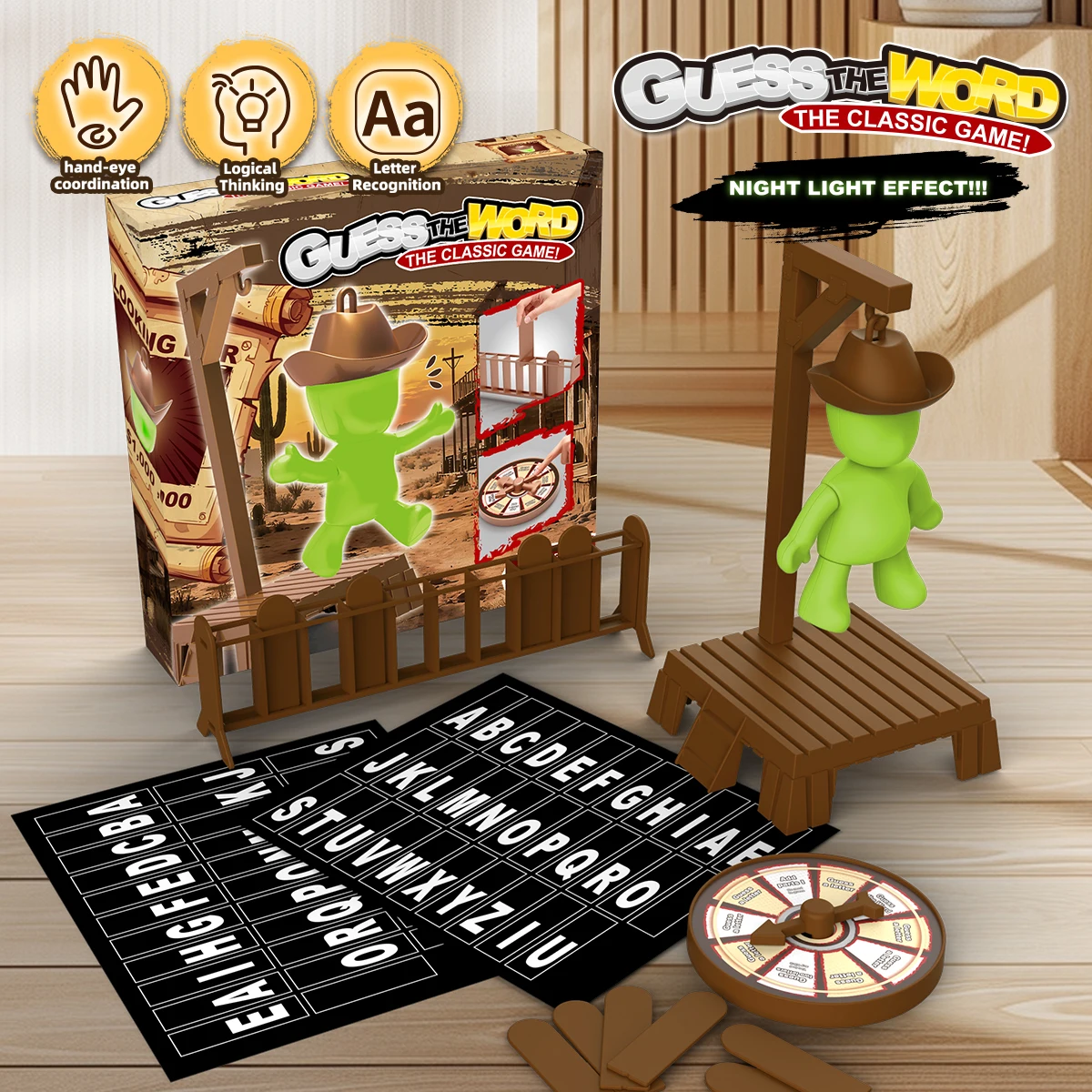 Guess the Word Hangman Game – Interactive Cowboy-Themed Board Game with Night Light for Family & Party Play