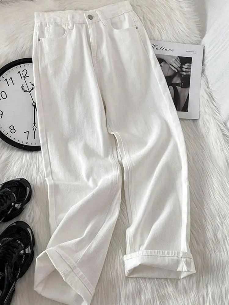 JMPRS High Waist Women White Jeans Fashion Korean Fall Wide Leg Denim Pants Casual Button Female BF Baggy Jeans New