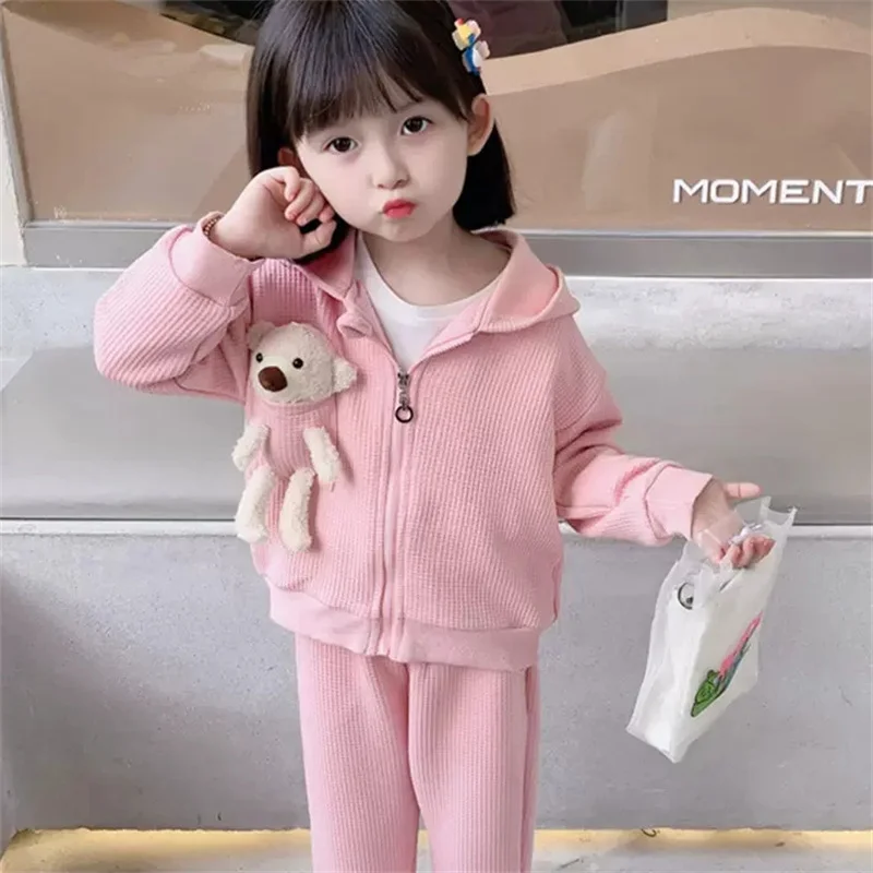 2024 Girl's Set Children Cartoon Hooded Top Drawstring Pants 2Pcs Spring Autumn New Children's Casual Fashion Sports Suit 3-10Y
