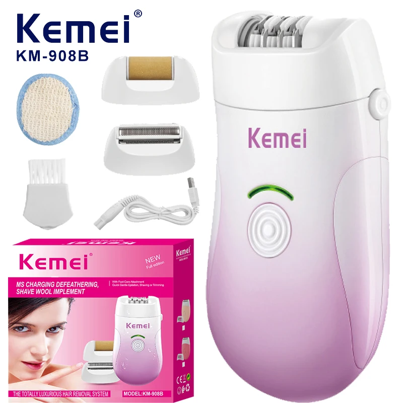 kemei Women Portable Facial Hair Remover 3-in-1 Unisex Travel Gradient Colorful Painless Face Shaver Stone Callus Bikini Trimmer