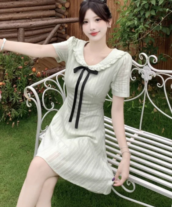 فساتين الأميرة الصيفية الفرنسية الحلوة كبيرة الحجم لتخفيض العمر وخصر عالٍ وأكمام قصيرة وياقة بيتر بان فستان كوري متعدد الاستخدامات #6