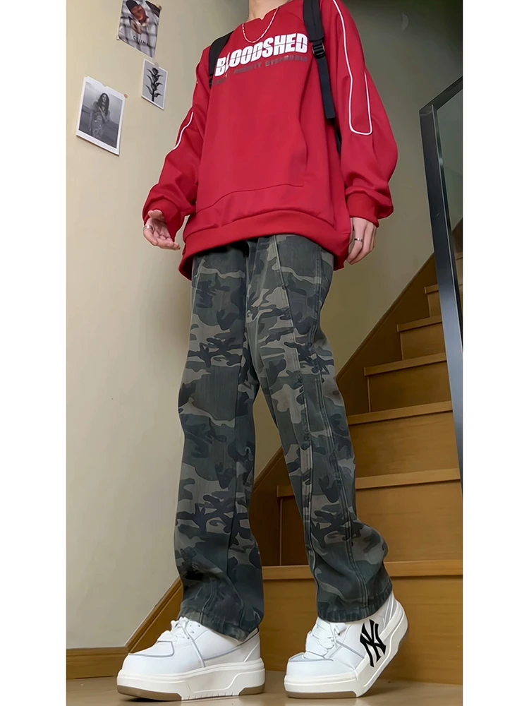 

Американские ретро-брюки с камуфляжным принтом и флисовой подкладкой, мужские осенне-зимние джинсы прямого кроя Cleanfit Deconstructed