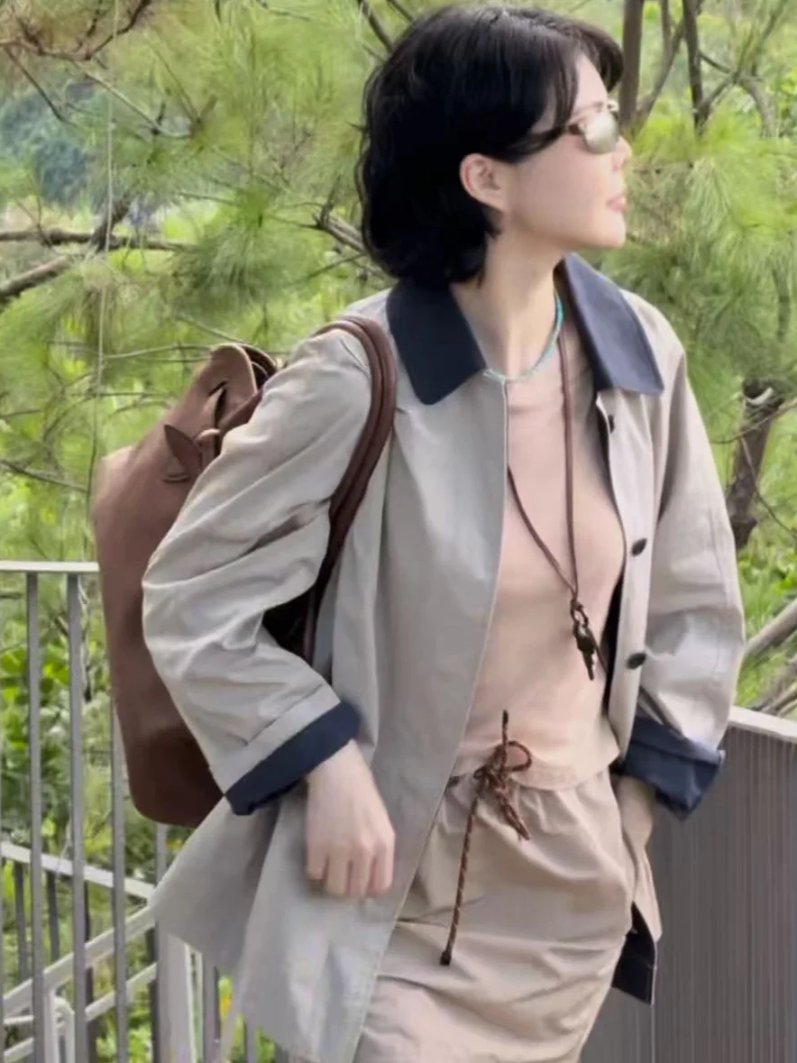 

Женская весенняя повседневная хлопковая куртка свободного кроя с пуговицами, модным воротником и цветными вставками, приталенная, для носки поверх одежды