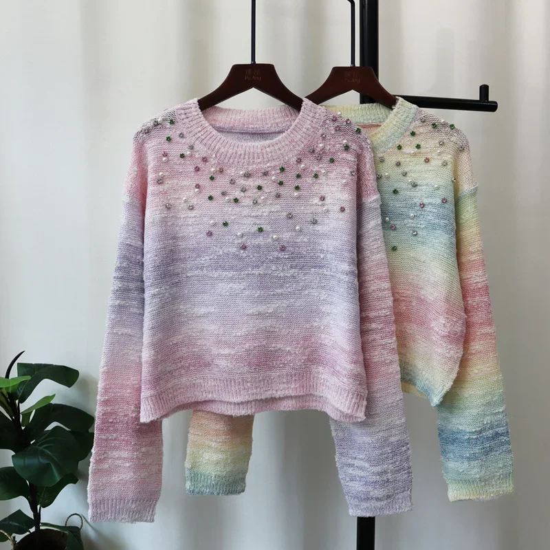 2024 Women Tie Dye Sweater Cardigan Kintted Diamond Loose Spring Pullovers Autumn Vintage Winter Streetwear Y2k Jumper Coat