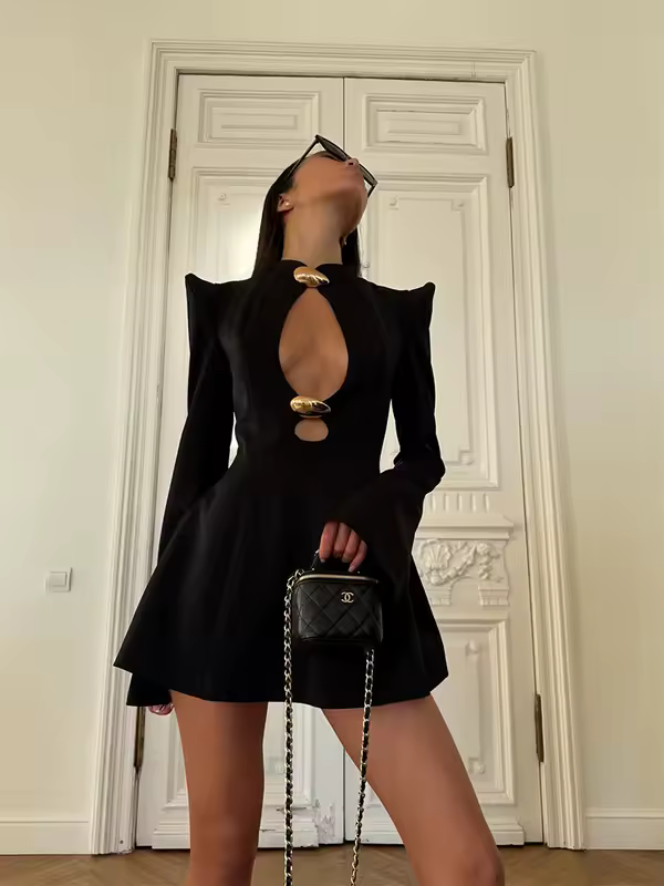 CNYISHE Metal Buckle Hollow Out Women Dresses Autum Fashion Solid O Neck Sheath Long Sleeve Sexy Club Female Bodycon Chic Robes - Image 4
