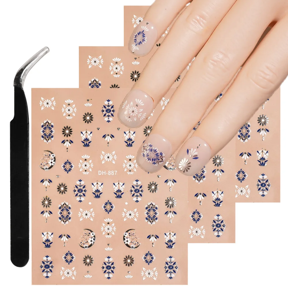 

1/5/10pcs Flowers Daisy 3D Flat Nail Stickers Retro Fresh Exquisite Nail Art Decoration Decals Women DIY Manicure With Tweezers