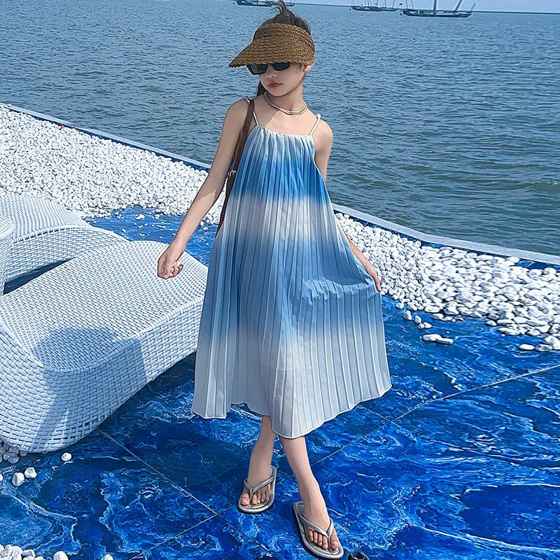 Children Casual Pleated Beach Sundress for Girls New Summer Vacation Sleeveless Dress Outfit Kids Fashion Holiday Clothing 5-14Y