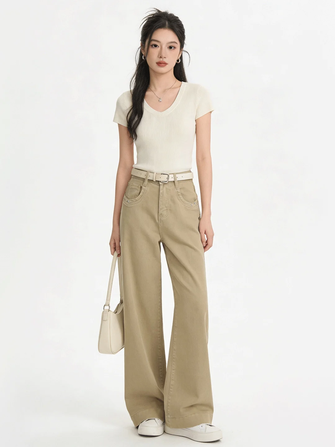 

Retro Khaki Color Bell Bot Denim Jeans Korean Sle Waed Versatile Slim High Waist Early Spring Hoof Long Pants