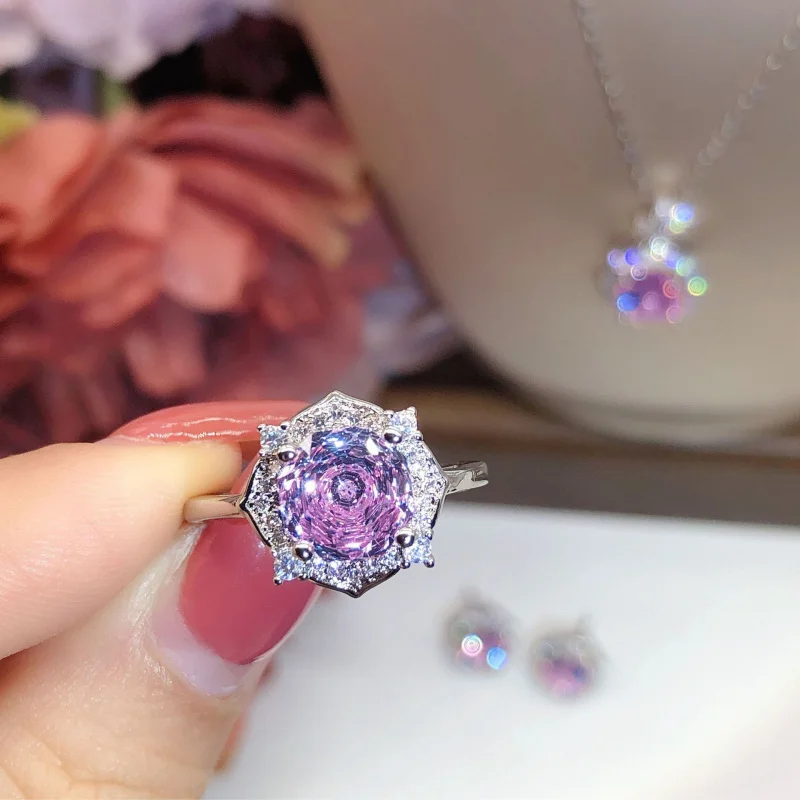 

Rose Cut Purple Spodumene Octagonal Zircon Flower Necklace Pendant Light Luxury Open Ring Earrings