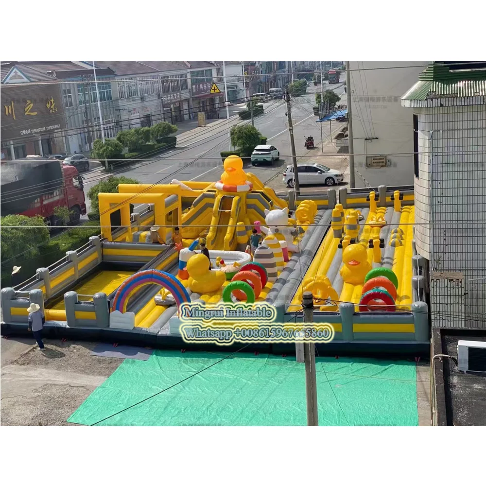 Inflatable Yellow Duck Rainbow Obstacle Course with slide  Amusement Park, Bouncing House, Bouncy Castle, Slide Combo for Girls