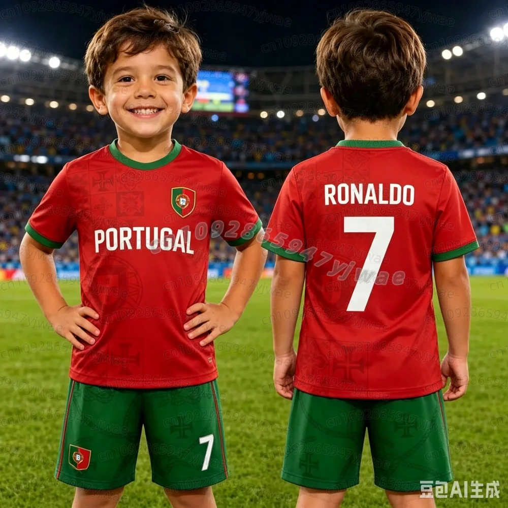 26 Sommer Jungen Ronaldo Nr. 7 Fußballtrikot T-Shirt Shorts Set Damen Herren PORTUGAL Fan-Shirt Shorts Set Kinder Trainingsanzug 2-teiliges Set – Detail 9