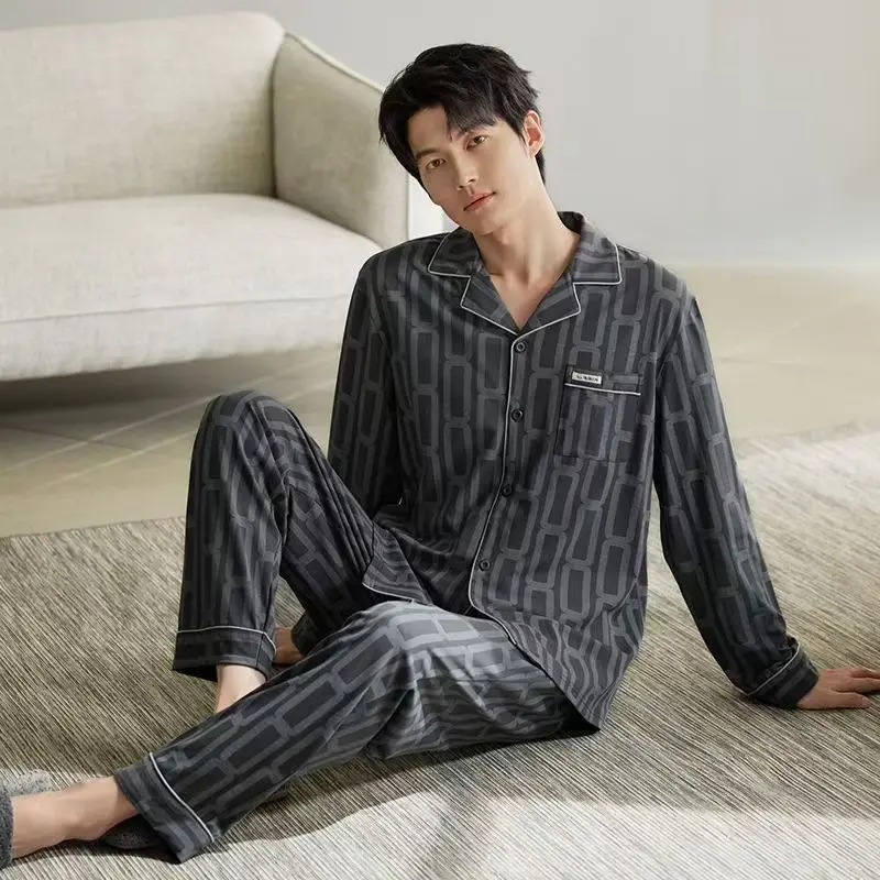 

Мужские пижамы с кардиганом и лацканами, весенне-осенние длинные брюки с длинными рукавами, свободные размеры, можно носить на улице, домашняя одежда, осенне-зимний костюм