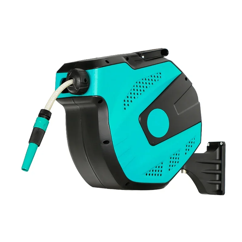 &Wall Mounted Garden Hose Reel with 9- Function Sprayer Nozzle Any Length Lock and Slow Return for Watering Garden