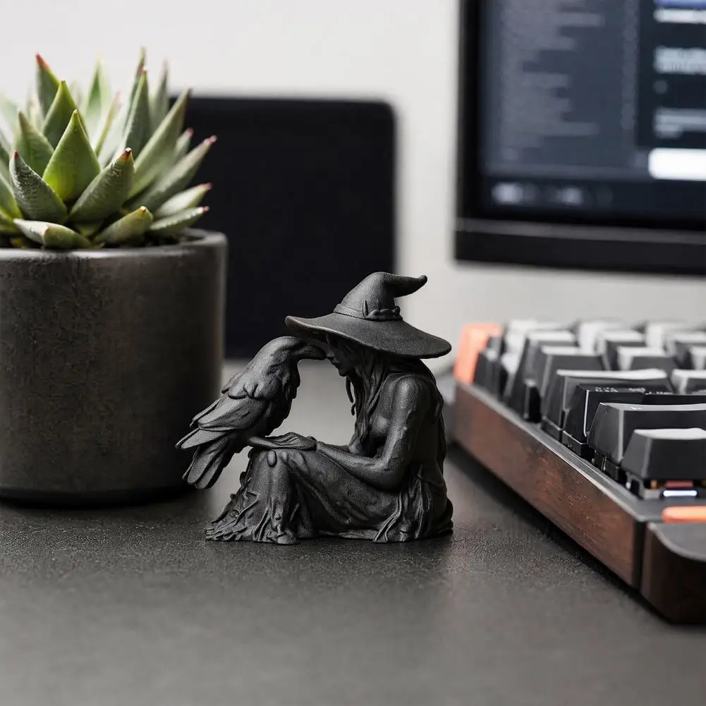 Halloween Witch Decoration 3d Printed Witch Ornament with Stable Base Matte Black Resin Sculpture Halloween Party for Home