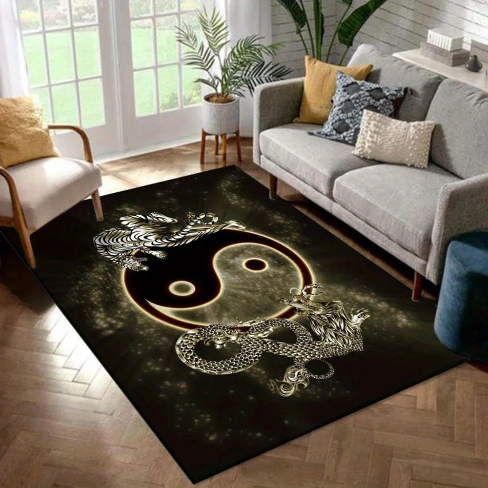 Golden Dragon And Tiger Yin Yang Symbol Printed Flannel Rug Plush Soft Carpet For Living Room Bedroom Zen Decor Spiritual Design