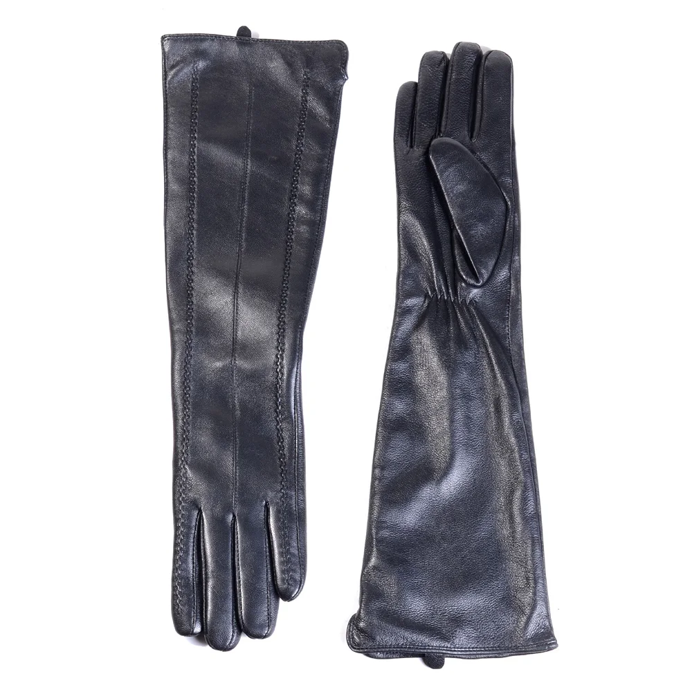 Guantes largos de cuero Real para mujer, forro de lana, elegante, clásico, pantalla táctil, negro, fiesta de noche, ópera, 45cm