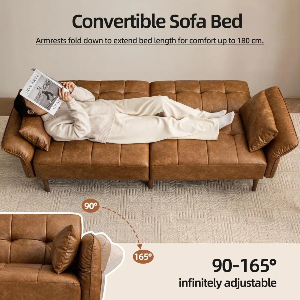 أريكة سرير فوتون حديثة من الجلد الصناعي لمنتصف القرن مع مساند للذراعين قابلة للتعديل، وسائد بمقعدين للنوم، أريكة صغيرة لـ C #3