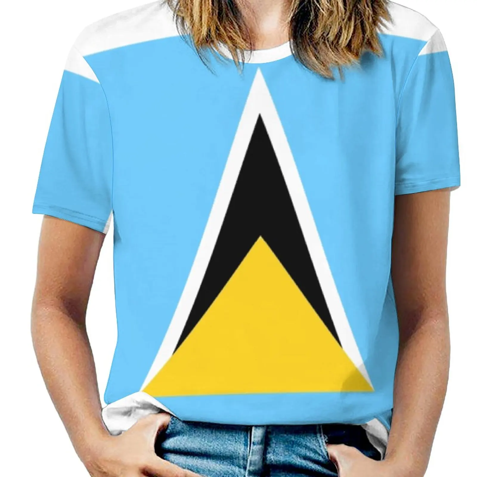 St. Lucia flaga szczelina rękaw zimny ramię drukuj kobiety T koszula w stylu Casual, letnia koszulka Tshirt luźny Top flaga Banner międzynarodowy