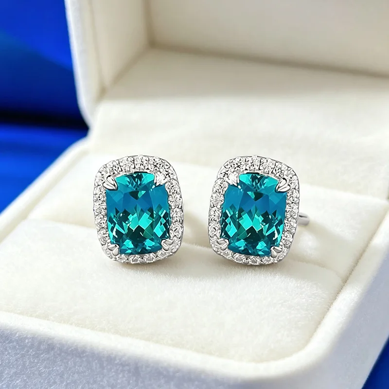 Luxury white gold solid platinum PT950 fat square 6*8mm Paraiba earrings classic surround light luxury style