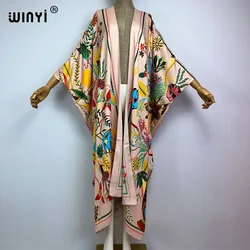 WINYI Mulheres Bohemian Imprimir Biquíni Cover-ups Elegante Casual vestido Africano Kaftan manga longa Maxi Vestido de Verão Quimono Longo