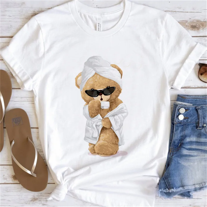 

2023 Funny Bear Cartoon Pattern T-shirt Women creativity Summer Vigorous lovely Harajuku Female Fashion Tops ladies Shirt