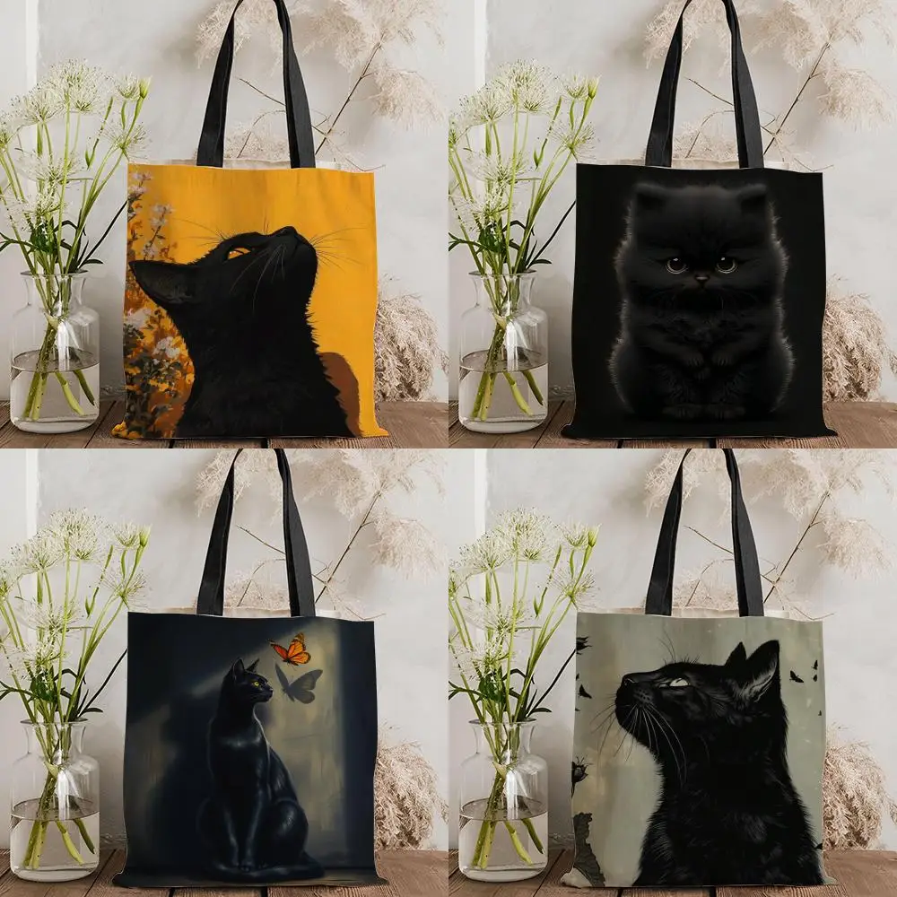Black Cat Storage Bags Canvas Double-Sided Print Tote Bag Large Capacity Shoulder Fashion Shopping Handbag