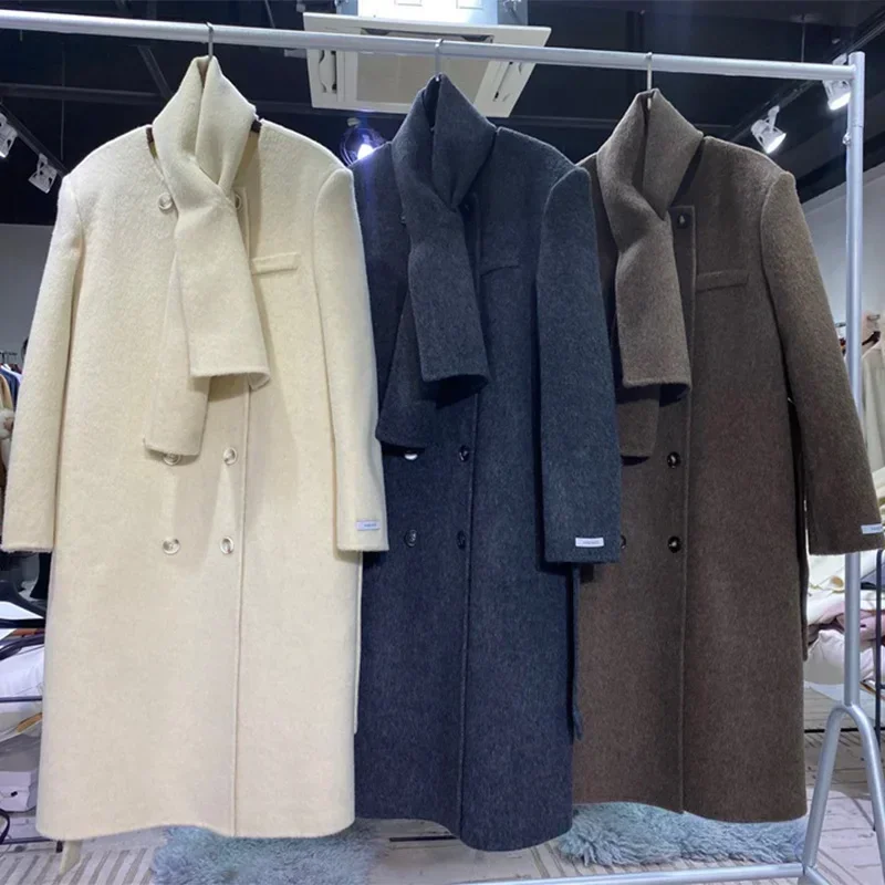 Winter Thick Camel Wool Scarf Collar Loose Double-sided Cashmere Wool Overcoat Women Autumn Loose Double-sided Tweed Coat Long