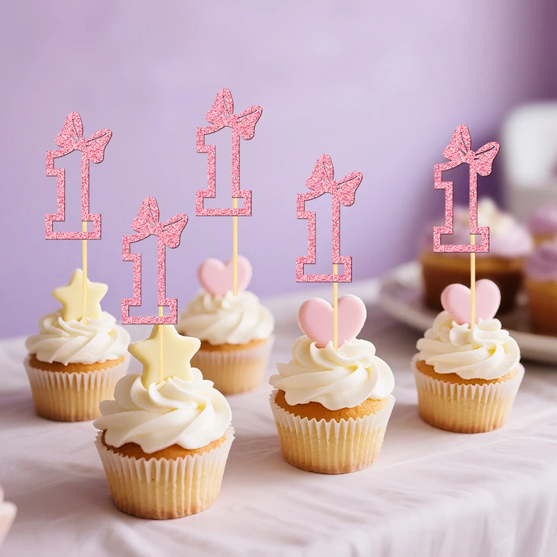YOMDID 24 Stück Cupcake-Topper zum 1. Geburtstag, glitzernde 1. Geburtstags-Kuchenaufsätze mit Schleifendekoration für Valentinstag-Dekoration