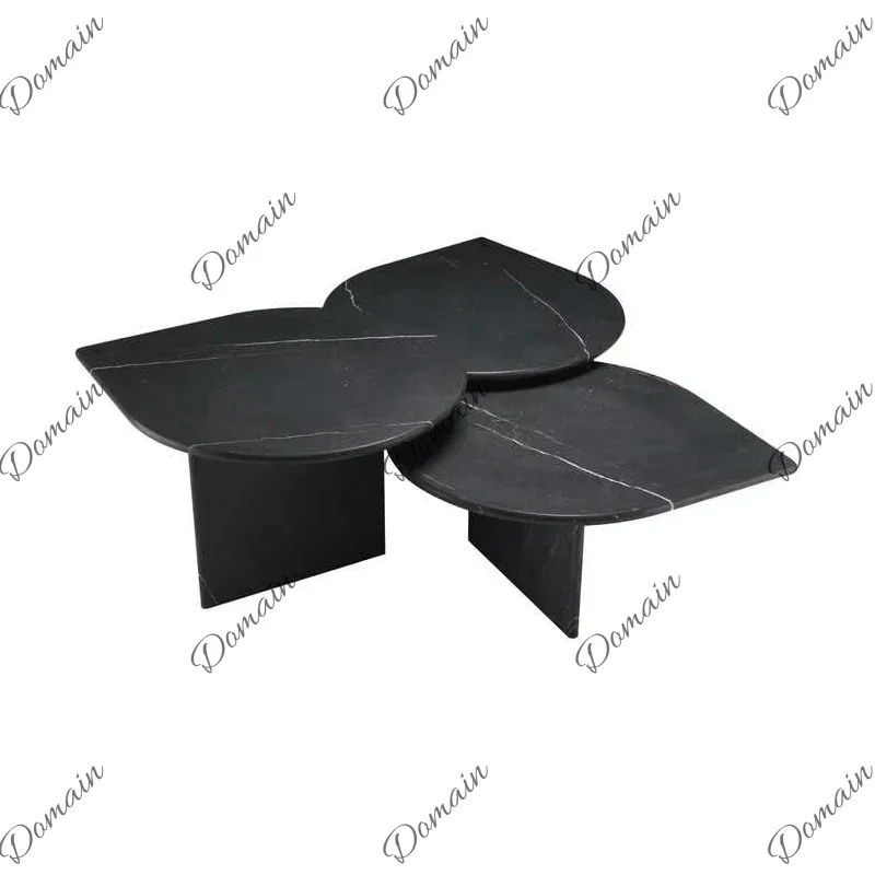 New Italian Design Black Marble Coffee Table Set - Leaf Shape Nesting Tables, Luxury Triple Sofa Side Table for Living Room Deco
