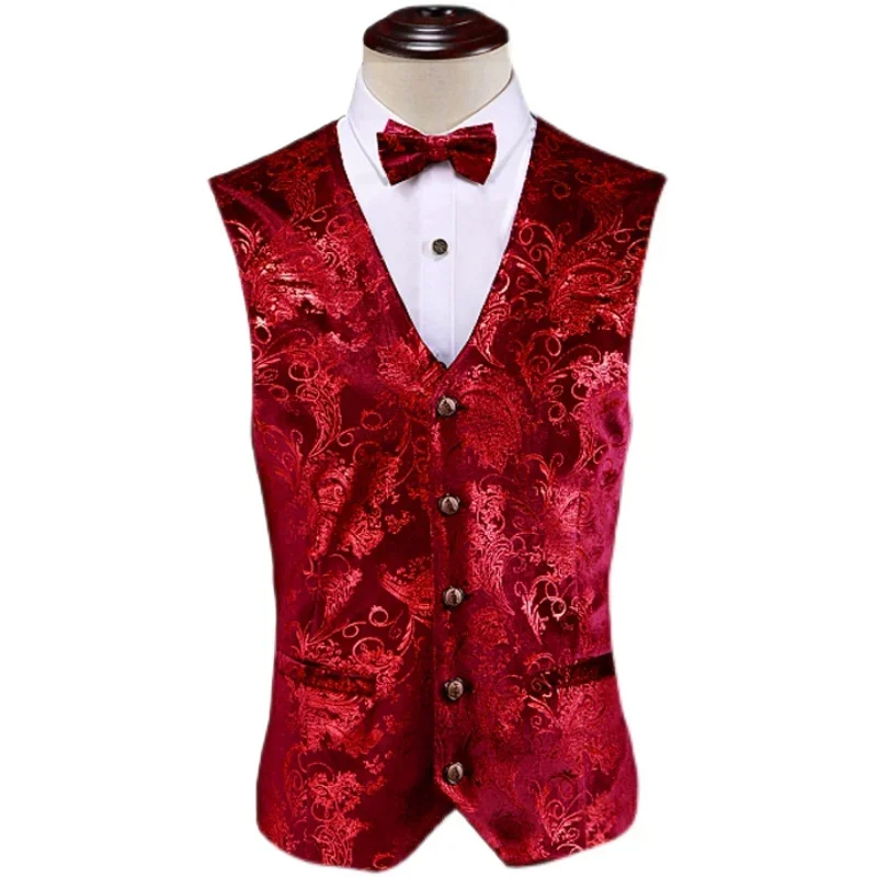 New Men Luxury Wedding Suit Vest Gold / Silver / Red Fashion Male Gold Velvet Embossed Waistcoat