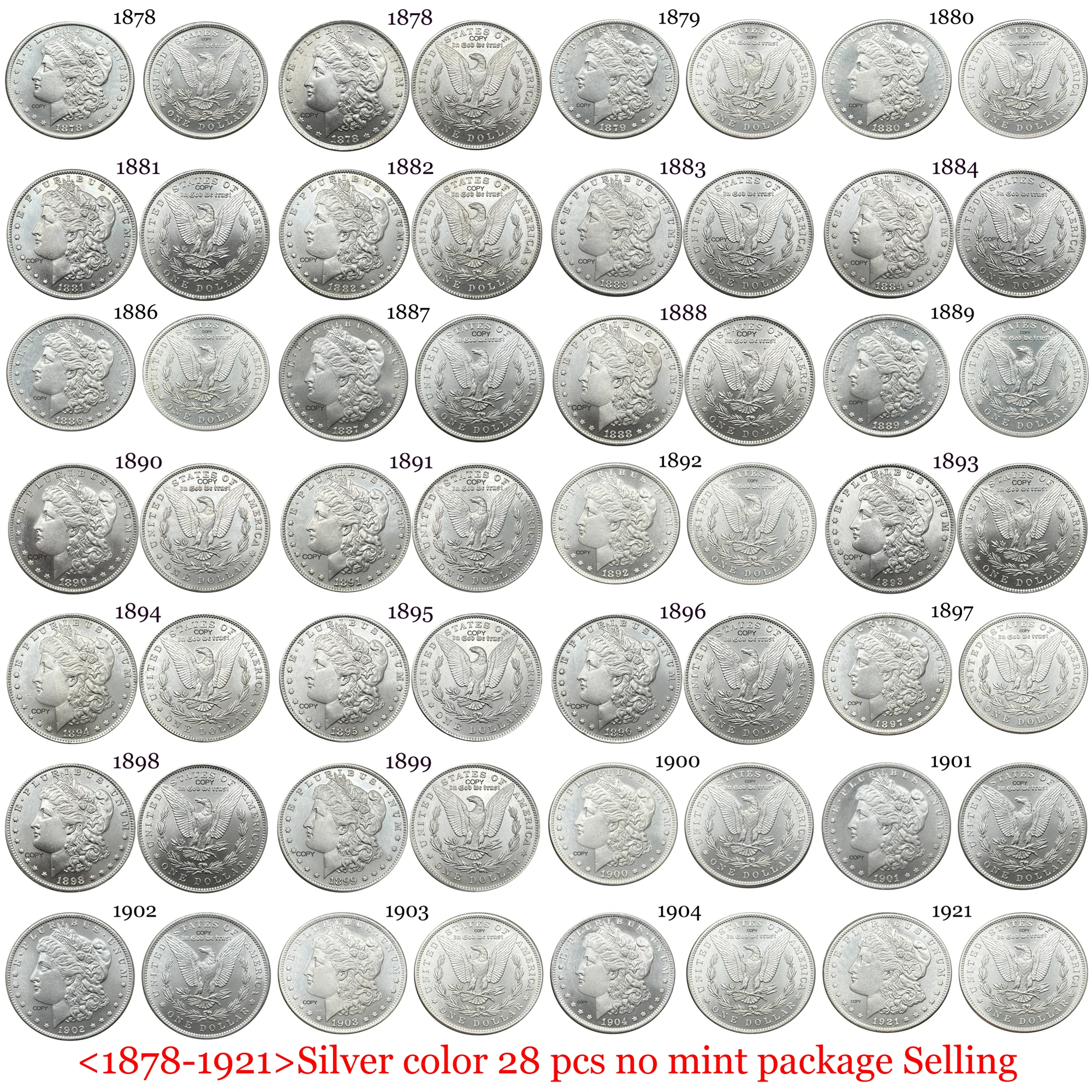 US 1878 - 1921 28 Pcs 1 Dollar Morgan Silver Plated Copy Commemorative Coin United States Liberty Moneda Collectible Coins