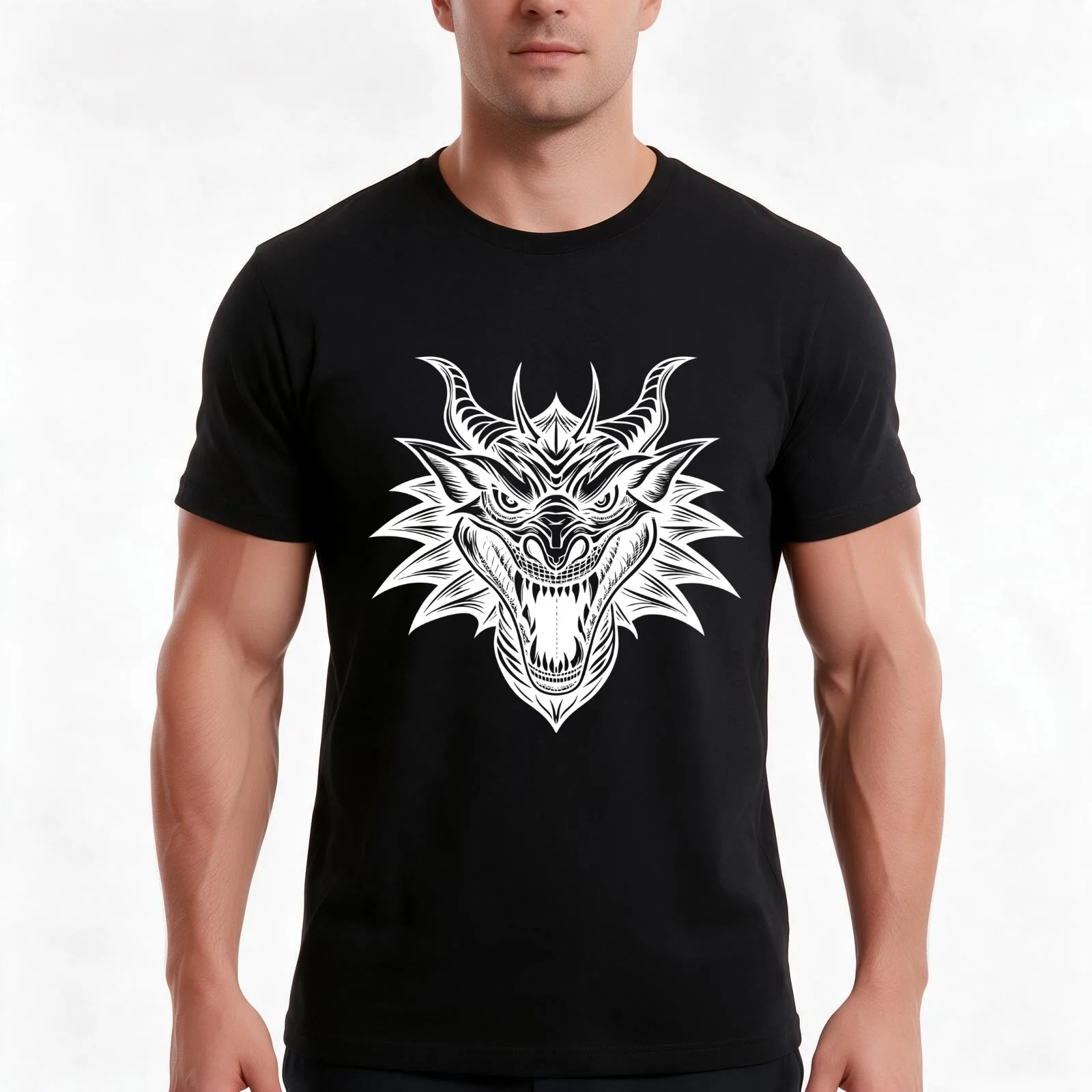 Linocut artwork of a dragon head T-Shirt Summer Casual Cotton Tee Oversized Streetwear Tops Vintage Graphic Print