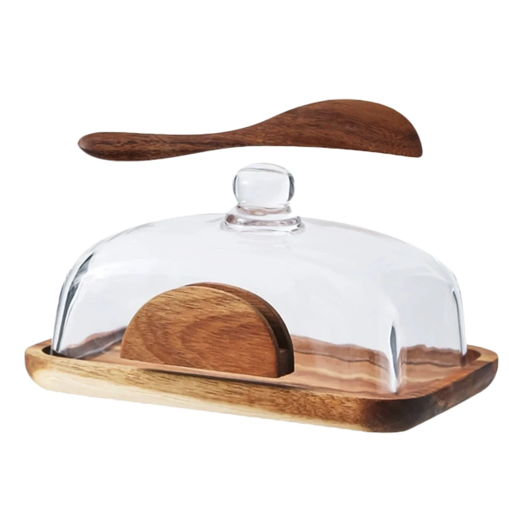

Elegant Wooden Butter Box Natural Wood Bread Storage Tray Glass Dust Cover Kitchen Countertop Organizer for Cheese Snacks