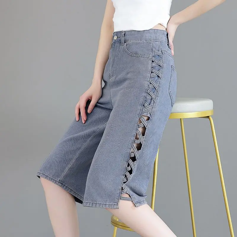 Blue High Waist Women Jeans Summer Thin Wide Leg Cropped Pants Side Cutout Denim Trousers New Design