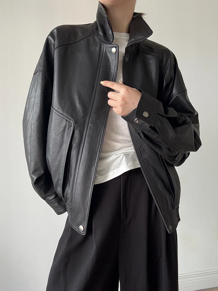 Vintage Genuine Leather Motorcycle Jacket for Women Spring Autumn 2025 New High-end Simple Solid Soft Real Sheepskin Bomber Coat