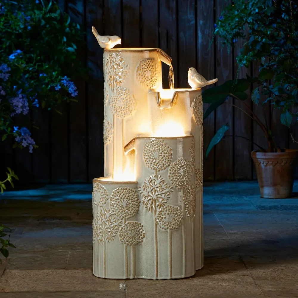 

31.75" H Outdoor Water Fountain with LED Lights and Pump, 4 Tier Dandelion Texture Vase Shaped Ceramic Floor Standing Fountain