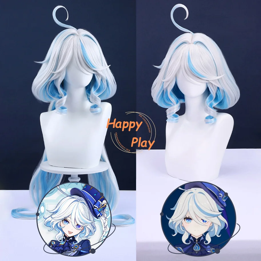 Furina Cosplay Wig Grey Blue Cruly Wig Focalors Anime Wigs Heat Resistant Synthetic Hair Furina de Fontaine Wig + Wig Cap