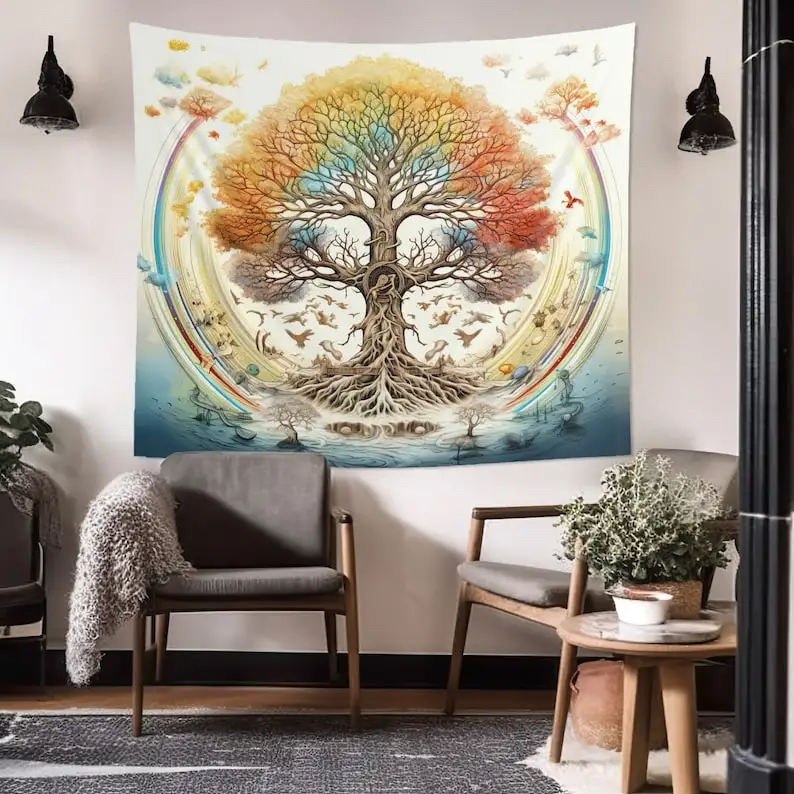 Tree of Life Wall Tapestry Cosmic Nature Art Four Seasons Symbolism Mystical Home Decor