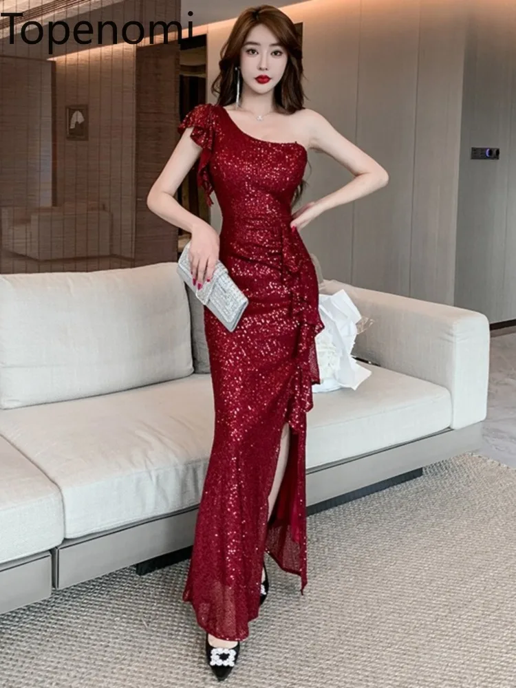 

Topenomi Elegant Single Shoulder Sequins Banquet Party Dresses Sexy High Waist Split Ruffles Slim Fishtail Formal Evening Dress