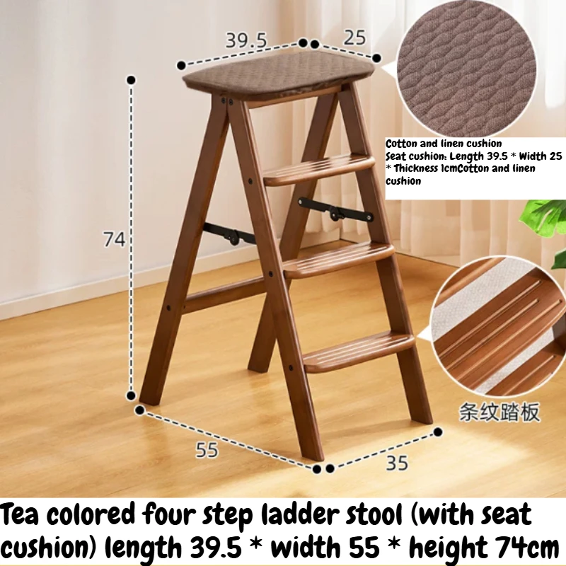 Solid Wood Folding Ladder Stool 74cm Height 3 Step Anti-Slip Step Chair Kitchen With Comfortable Cotton Linen Cushion For Home