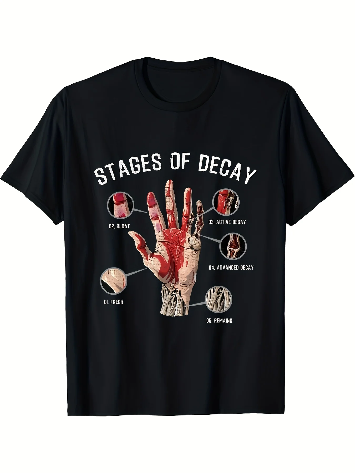 Stages of Decay T-Shirt - Hand-Drawn Rotting Corpse Phases Graphic Tee, Funeral Officiant Humor, Retro Gothic Shirt for Macabre Humor Fans, Year-Round Wearable (Machine Washable)
