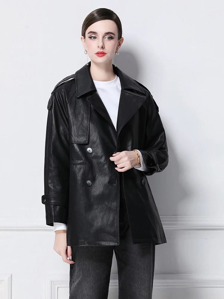 الخريف الشتاء المرأة بولي Leather الجلود متوسطة طويلة سترة جلدية معطف مزدوجة الصدر سترة واقية سترة جلدية فضفاضة غير رسمية S161