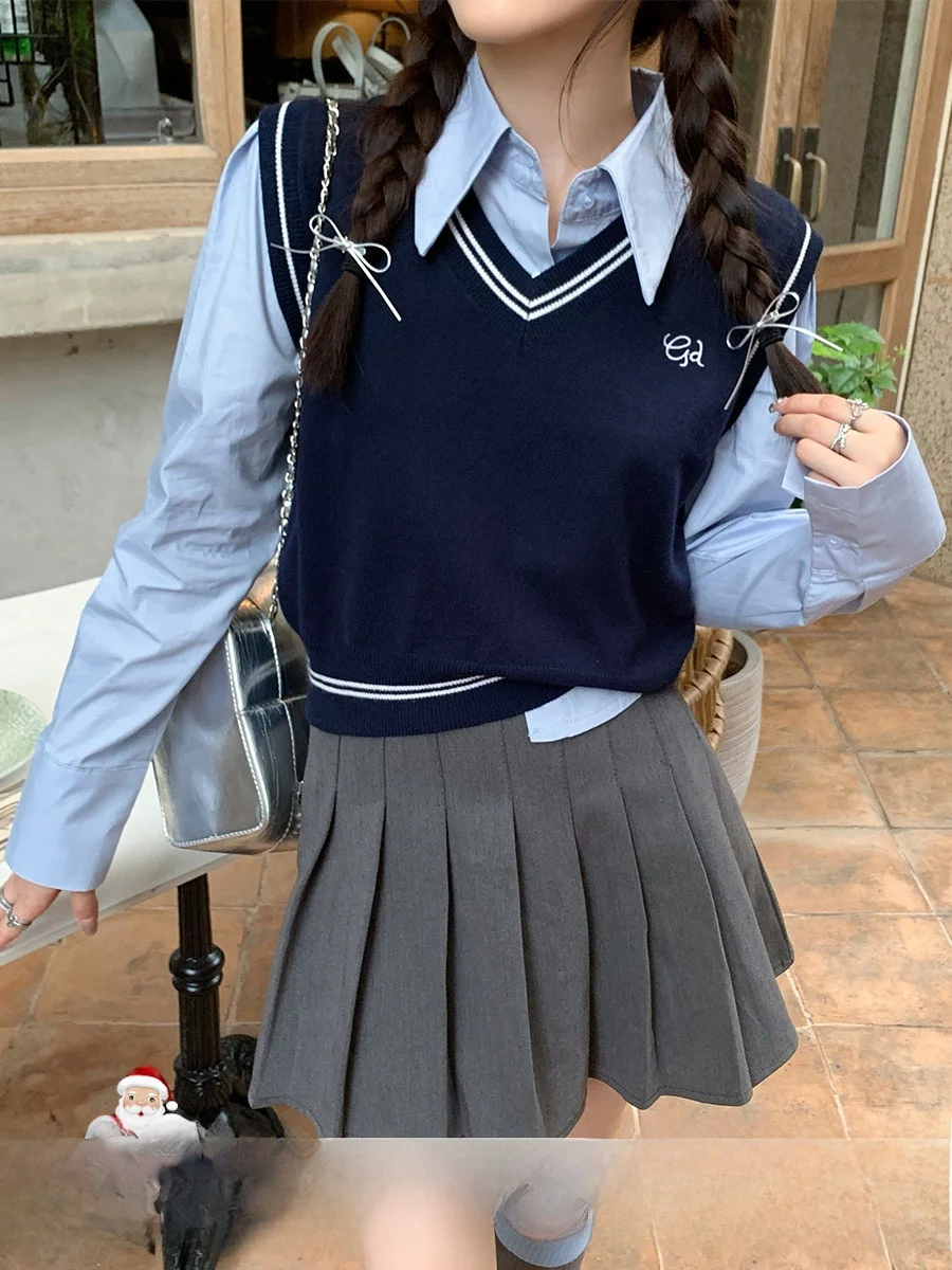 

Su San San College Sle вязаный жилет женский весна осень 2025 новый цвет блузка с v-образным вырезом дизайн топ с воротником