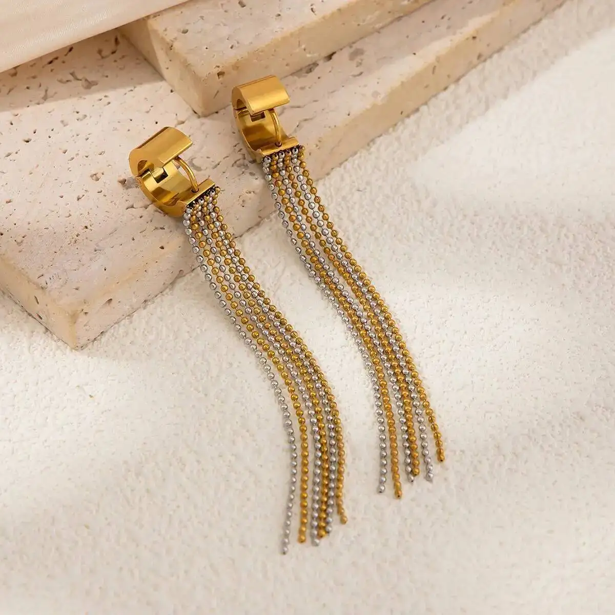 Lacteo Fashion Exquisite Stainless Steel Long Tassel Earrings Rings Women Charm Geometric 18K Gold Plated Set Waterproof Jewelry