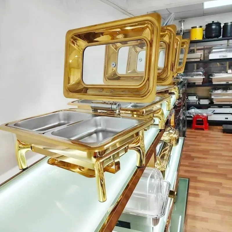9L Stainless Steel Arabic Gold Chafing Dish round Food Warmer Hot Pot with Burner for Buffet Catering