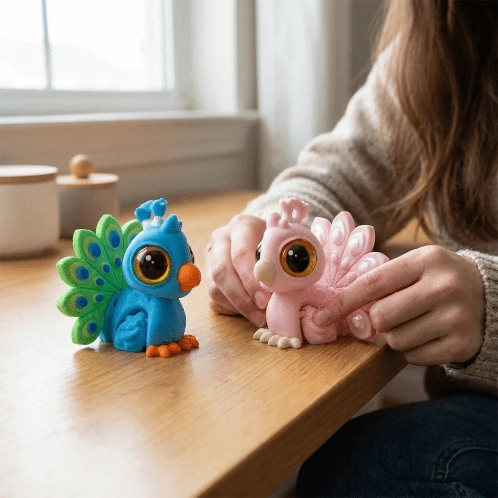 Cartoon Style 3D Printed Peacock Figurine Multi‑Color Decorative Articulated Peacock Ornament Lightweight Plastic