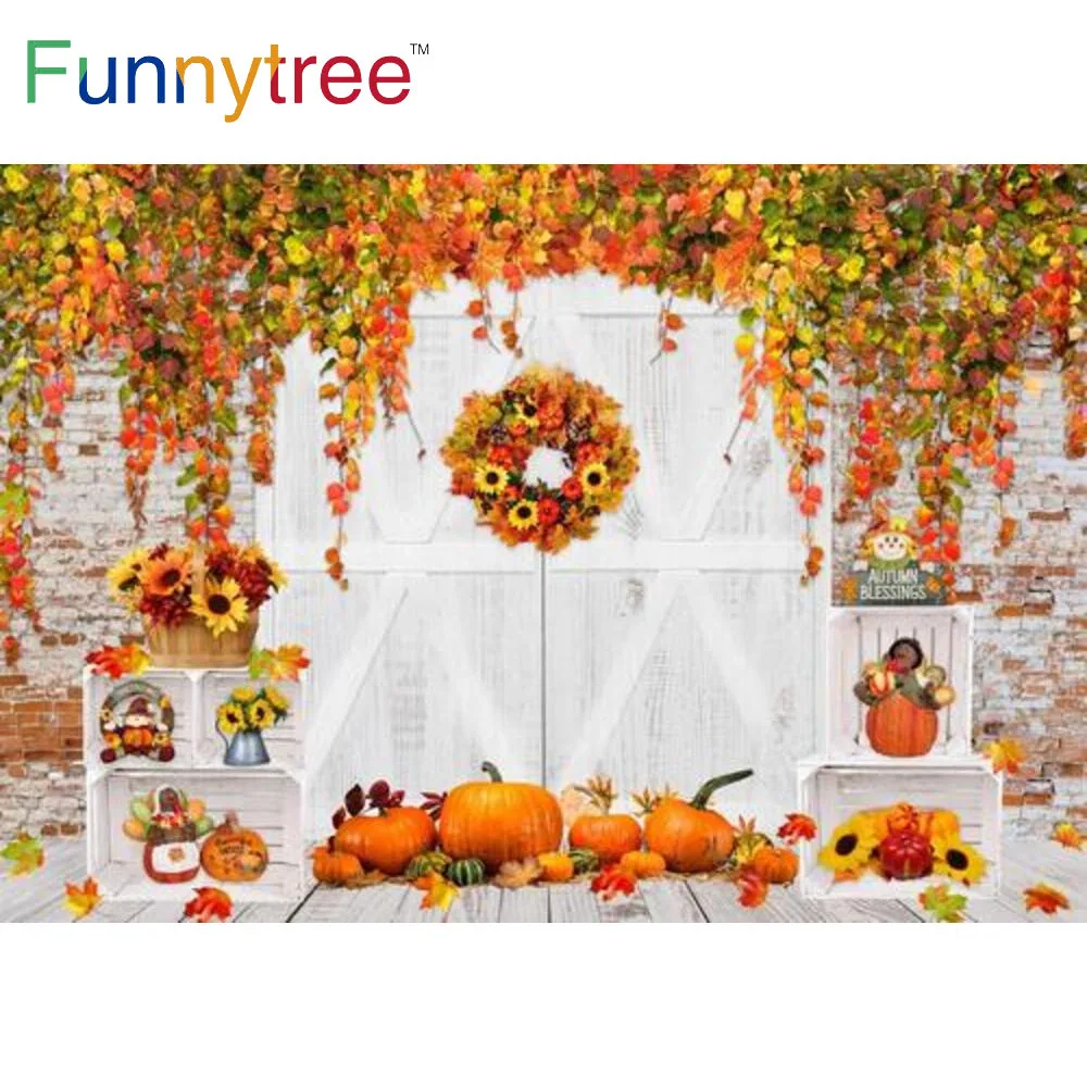 

Funnytree Autumn Theme Party Backdrop Pumpkin Brick Thanksgiving Fall Harvest Maple Leaves Floral Photography Props Background